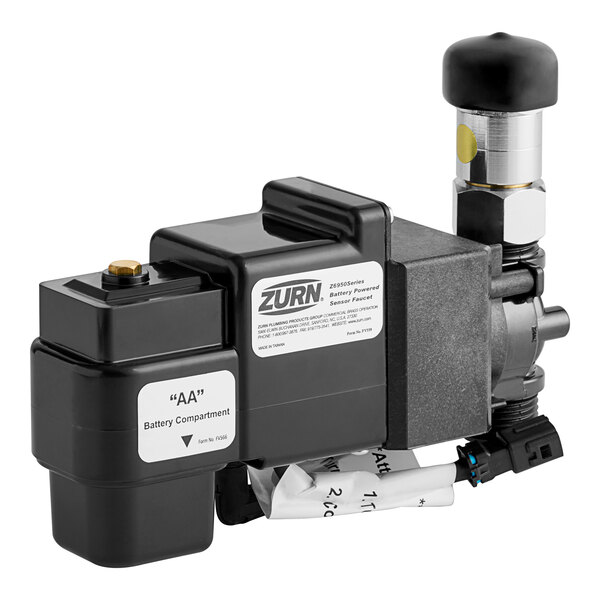 A black Zurn Elkay solenoid box with a white label.