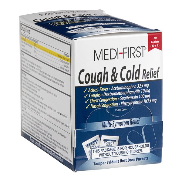 A box of Medi-First cough and cold relief caplets.