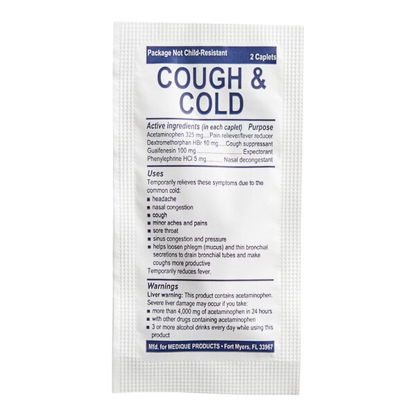A white box of Medi-First cough and cold relief caplets with blue text.