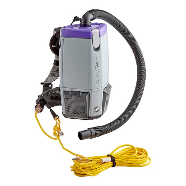 A ProTeam backpack vacuum cleaner with hose attachment.