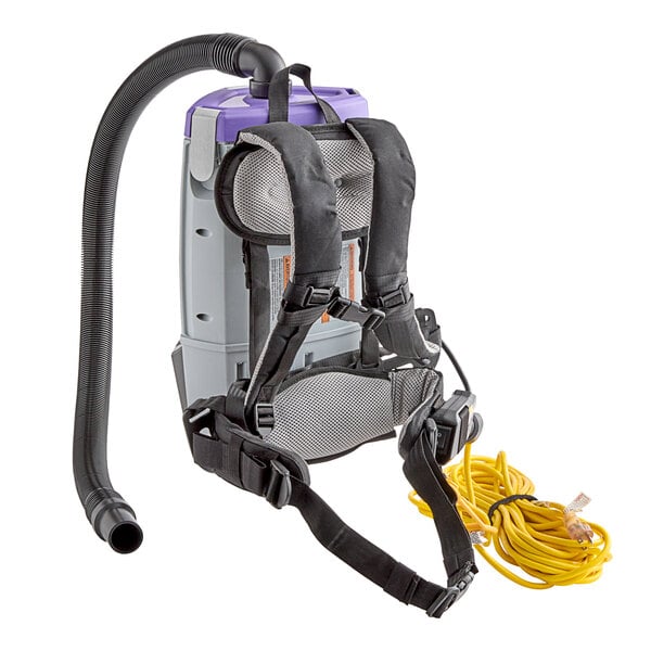 A ProTeam Super Coach backpack vacuum with straps and a tube.