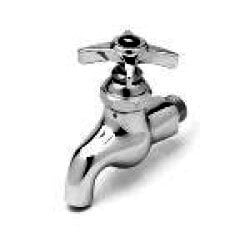 A chrome T&S mop sink faucet with blue index and 4 arm handle.