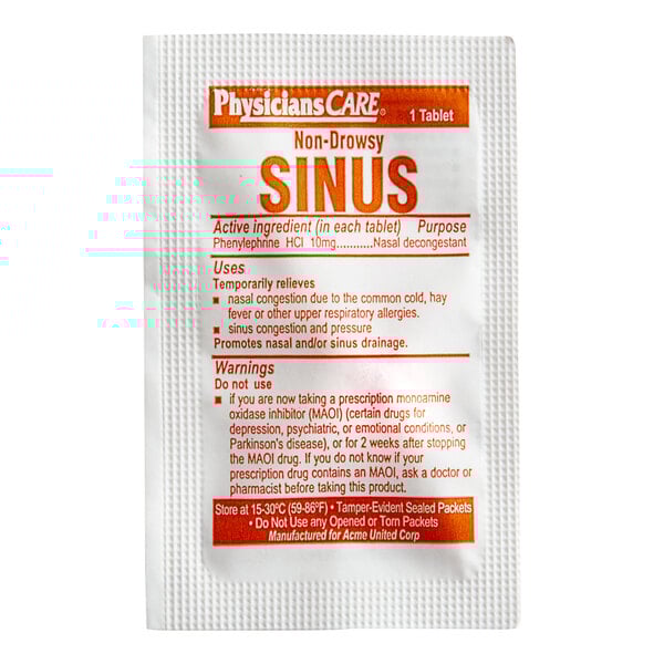 A white PhysiciansCare box with red and orange text for "Non-Drowsy Sinus Decongestant Tablets"