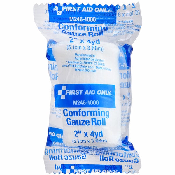 A close-up of a First Aid Only conforming gauze roll.
