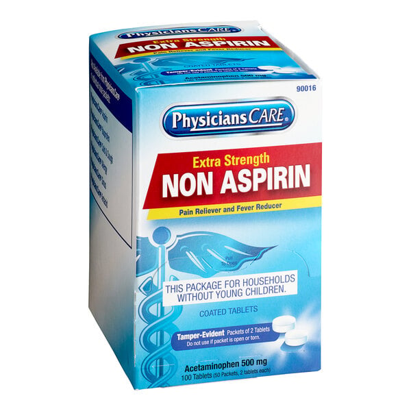 A box of PhysiciansCare Extra Strength Non-Aspirin Acetaminophen Tablets on a white background.