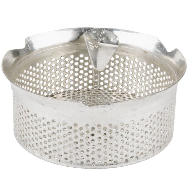 A tin-plated metal sieve with holes.