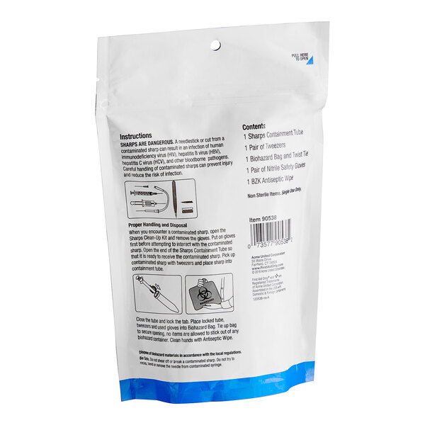 A white and blue First Aid Only Sharps Clean-Up Kit bag with black text.