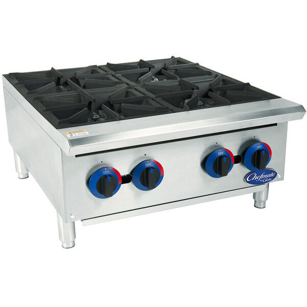 A Globe Chefmate stainless steel countertop gas hot plate with three burners.
