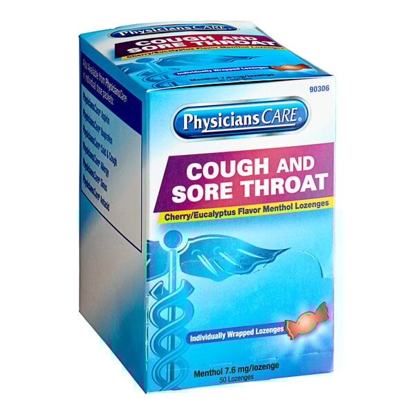A box of PhysiciansCare cherry menthol cough and throat lozenges on a table.