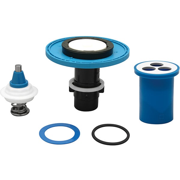 A blue and white Zurn diaphragm repair kit with rubber rings and a blue cylinder with holes.