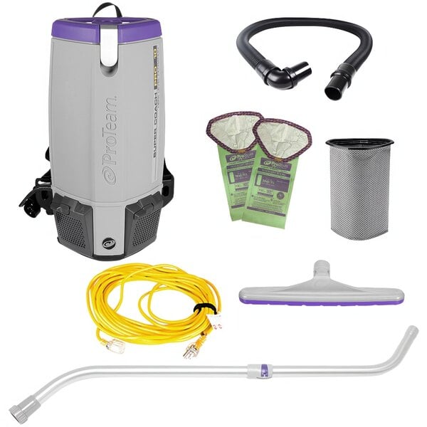A ProTeam backpack vacuum with hose and accessories including a wand and floor tool.