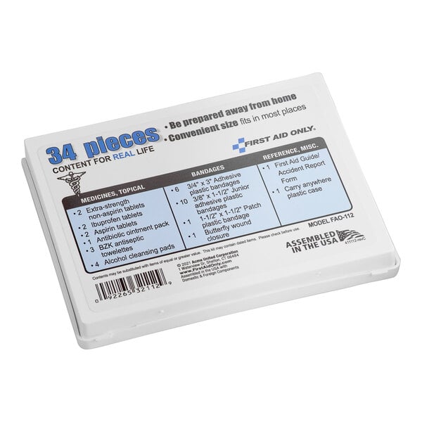 A white First Aid Only personal first aid kit with blue text on the label.