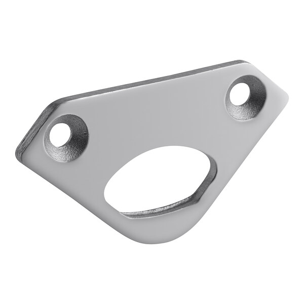 A silver stainless steel bracket with two holes.