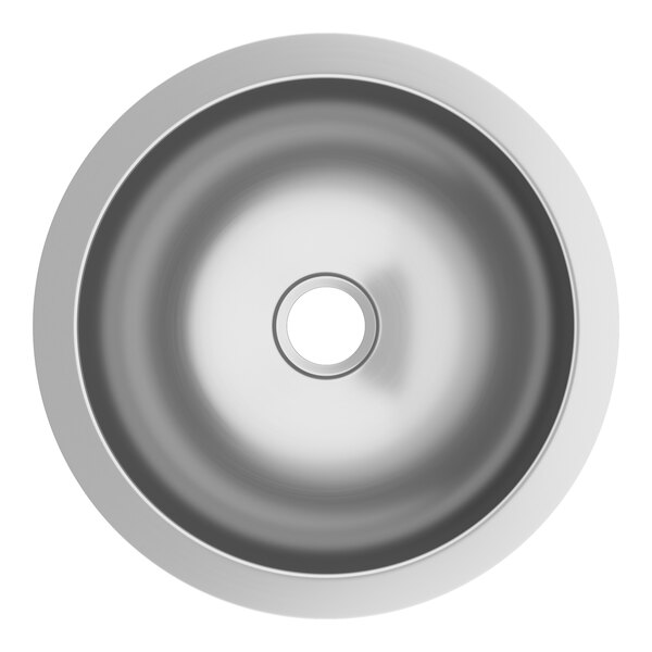 A stainless steel round undermount sink with a black circle around it.