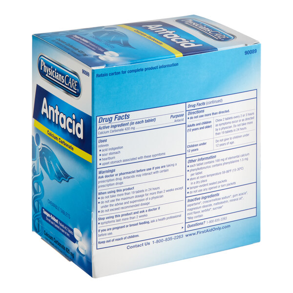 A blue and white box of PhysiciansCare Antacid Tablets on a white background.
