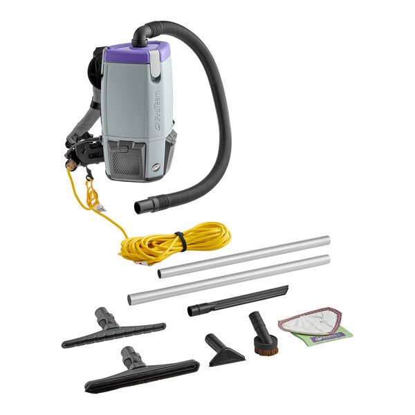 A ProTeam Super Coach Pro backpack vacuum with hose and tools in a white case.
