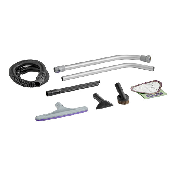 The ProTeam backpack vacuum with various tools including a floor brush.