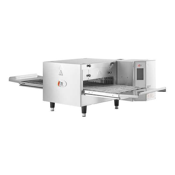 A stainless steel countertop ventless impinger electric conveyor oven with a 50-inch belt.