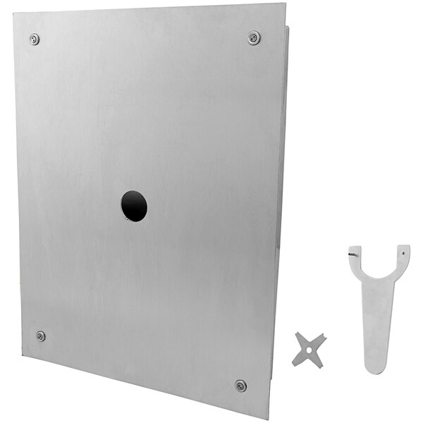 A white rectangular metal panel with a hole in it.