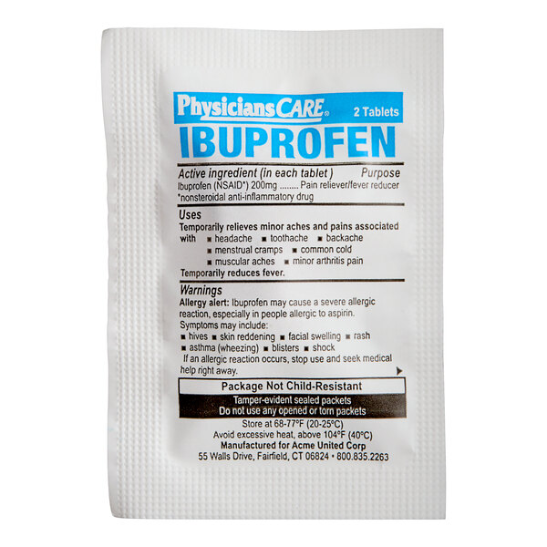 A PhysiciansCare ibuprofen packet with blue and black text on a white background.