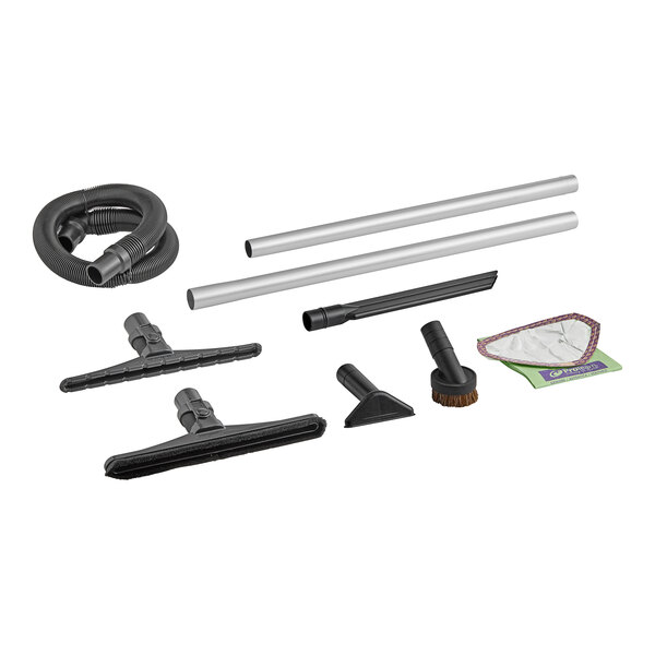 The ProTeam Super Coach Pro 10 Qt. backpack vacuum with a carpet and hard surface kit and various accessories.