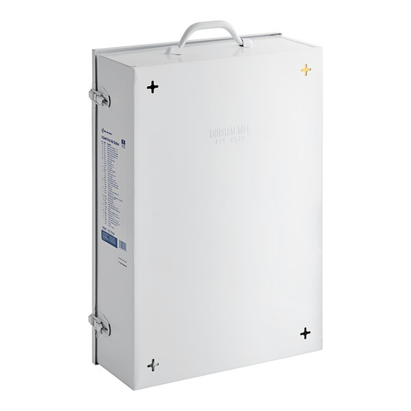 A white rectangular First Aid cabinet with a cross on the front and a handle on top.