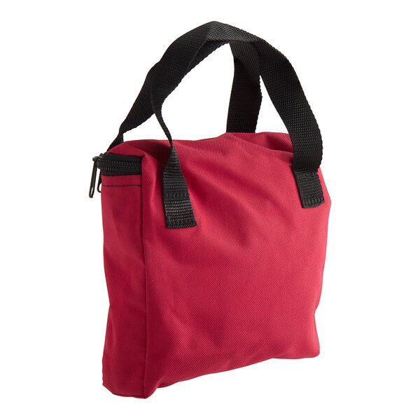 A red bag with black straps and handles.