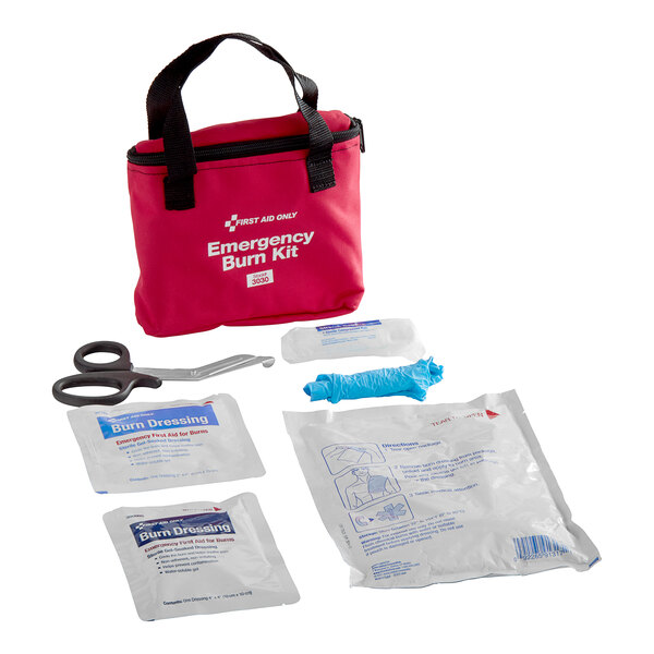A red fabric case for a First Aid Only Burn Care Kit with scissors inside.