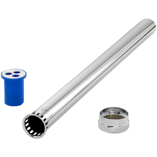 A metal pipe with a blue and white cylinder on top.