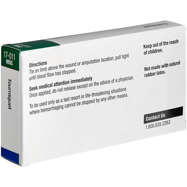 A white box with black text for a First Aid Only rubber tourniquet.