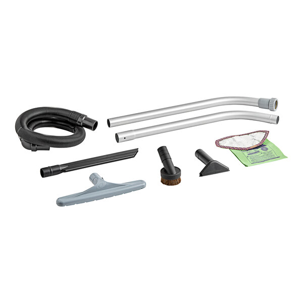 A ProTeam backpack vacuum with Xover Performance Telescoping Wand Kit and accessories.