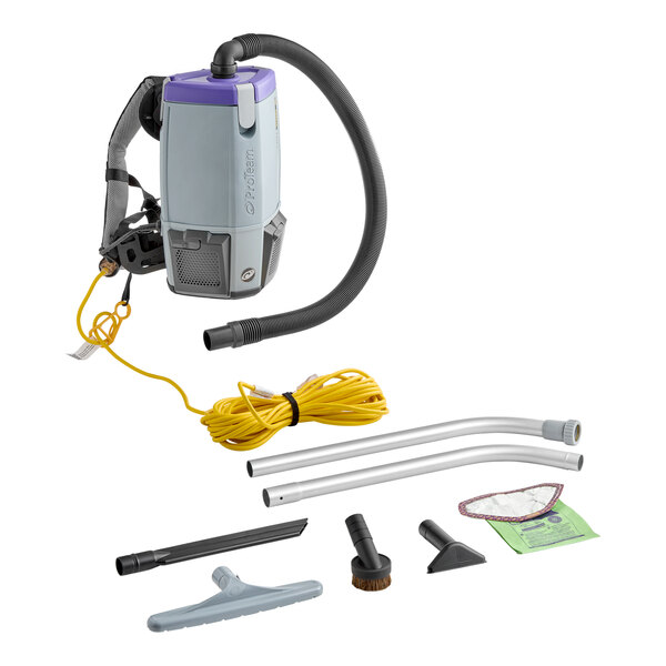 A ProTeam backpack vacuum cleaner with hose and accessories.