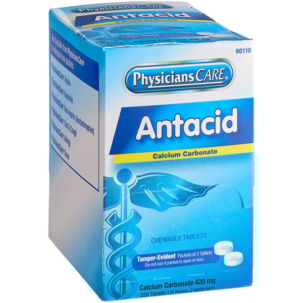 A box of PhysiciansCare antacid tablets.
