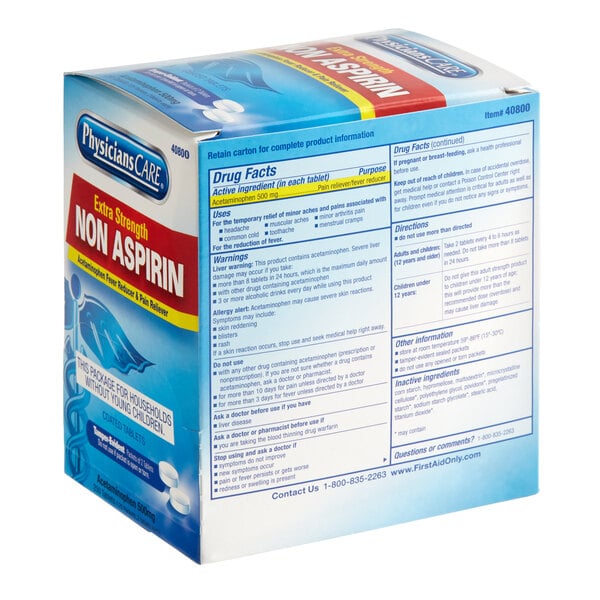 A box of PhysiciansCare extra strength non-aspirin acetaminophen tablets on a white background.