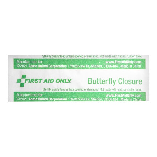 A box of First Aid Only medium butterfly closures with a label.