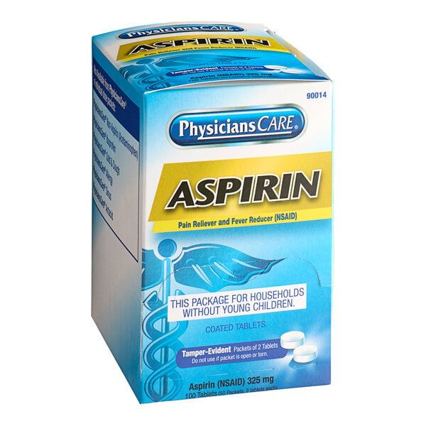 A box of PhysiciansCare aspirin tablets.