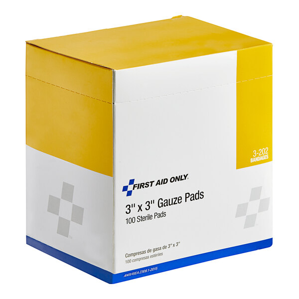 A box of First Aid Only sterile gauze pads with blue and white text on a white background.