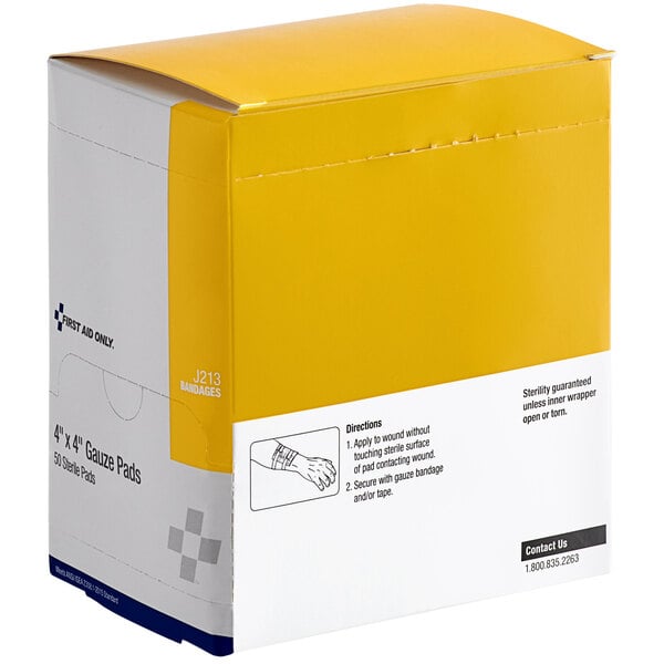 A yellow and white First Aid Only box of 50 sterile gauze pads.
