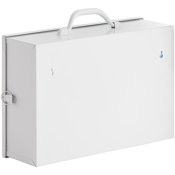 A white metal First Aid cabinet with a handle.
