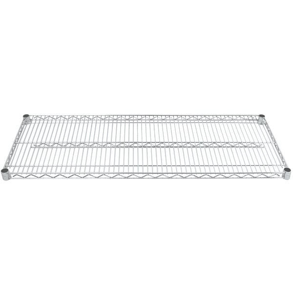 A close-up of an Advance Tabco chrome wire shelf.