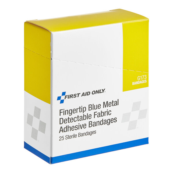 A yellow and white box for First Aid Only Blue Metal-Detectable Fabric Fingertip Bandages.