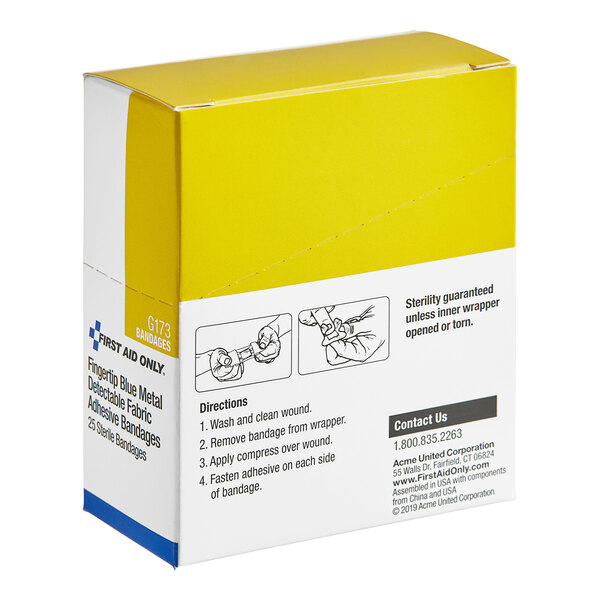 A white box with black text and a yellow label that reads "First Aid Only Blue Metal-Detectable Fabric Fingertip Bandage - 25/Box"