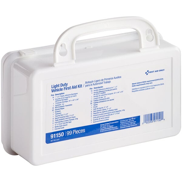 A white First Aid Only first aid kit with blue text and blue handles.