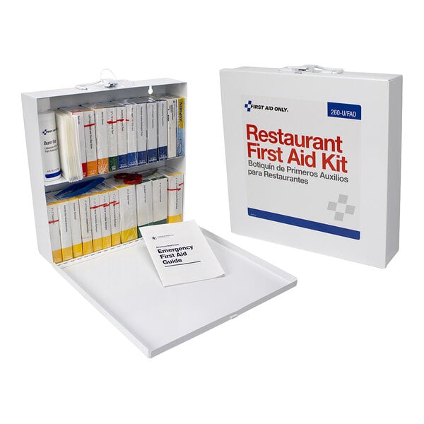 A metal restaurant first aid kit designed for up to 75 people, containing various medical supplies and an emergency guide.