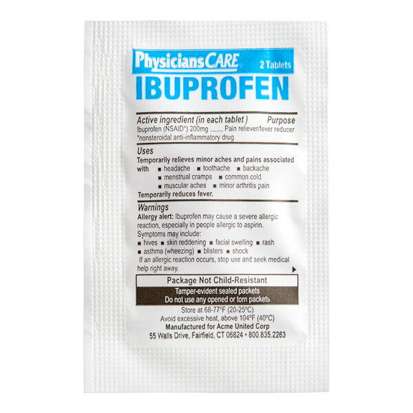 A white PhysiciansCare packet of ibuprofen tablets with black and blue text.
