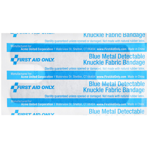 A package of 40 blue metal-detectable fabric knuckle bandages by First Aid Only.