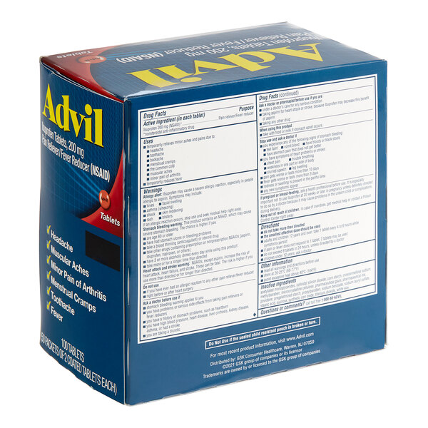 A box of Advil Ibuprofen Tablets with blue and yellow text.