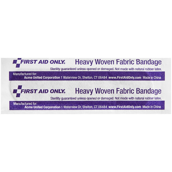 A First Aid Only heavy woven fabric bandage with a label.