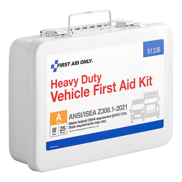 A white heavy-duty First Aid Only vehicle first aid kit with a blue and red label.