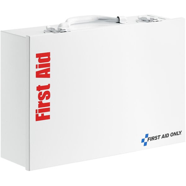 A white First Aid Only cabinet with two shelves and the words "First Aid" on it.
